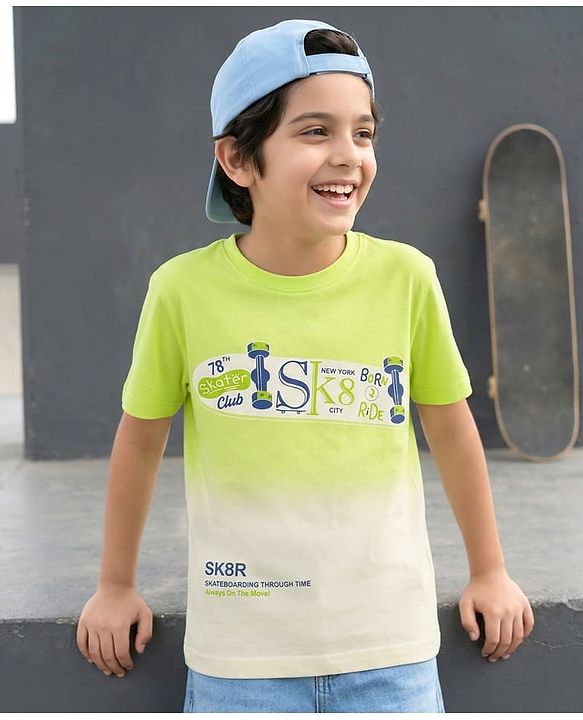 Pine Kids Cotton Knit Half Sleeves T-Shirt with Skateboard Print - Lime Green