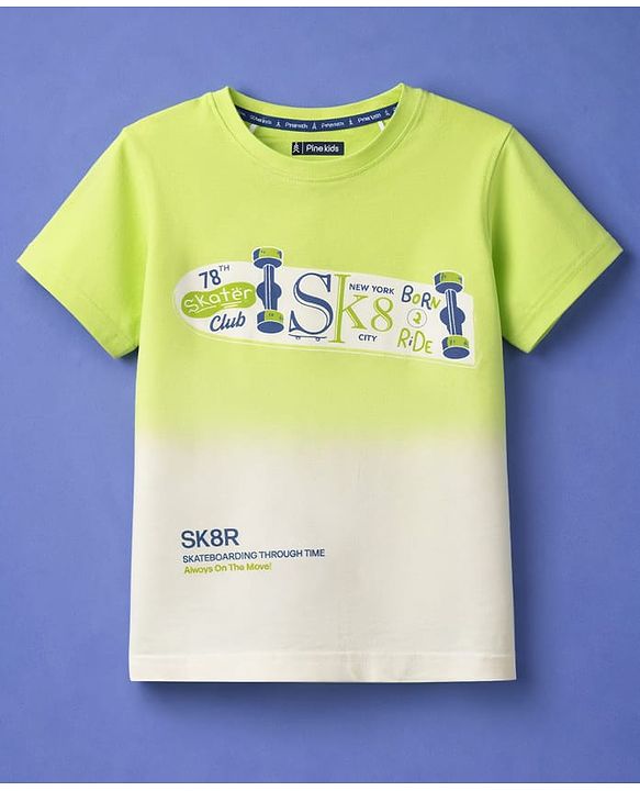 Pine Kids Cotton Knit Half Sleeves T-Shirt with Skateboard Print - Lime Green
