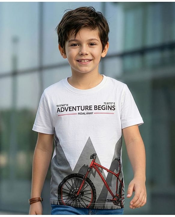 Pine Kids Cotton Knit Half Sleeves T-Shirt with Adventure Print - White