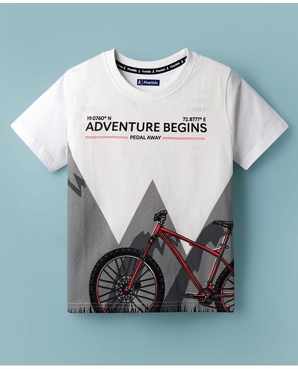Pine Kids Cotton Knit Half Sleeves T-Shirt with Adventure Print - White