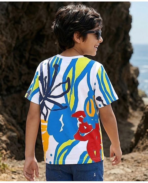 Pine Kids 100% Cotton Knit Half Sleeves Abstract Printed T-Shirt - White
