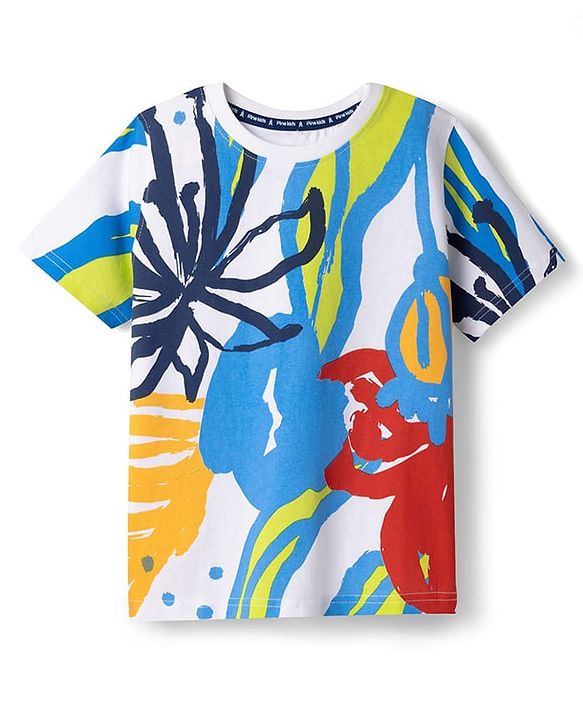 Pine Kids 100% Cotton Knit Half Sleeves Abstract Printed T-Shirt - White