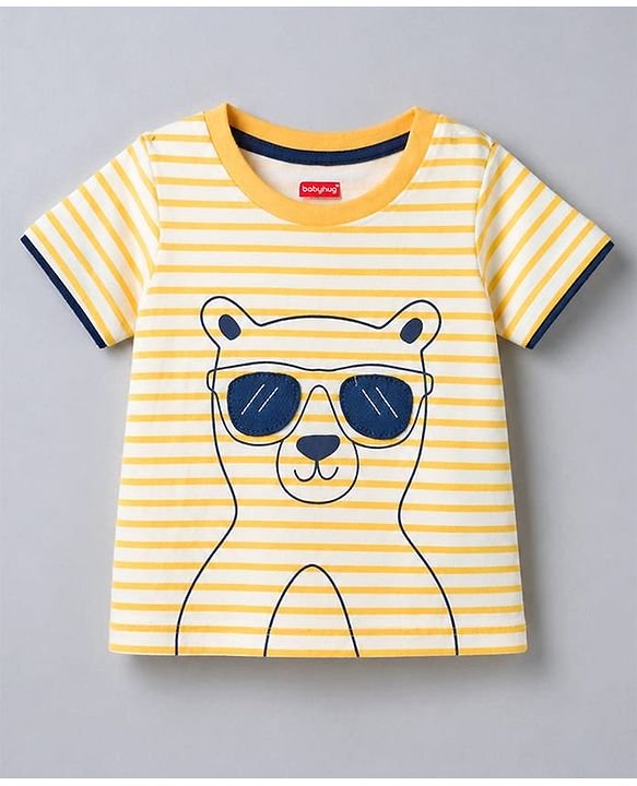 Babyhug Cotton Knit Half Sleeves Striped & Bear Printed T-Shirt & Pyjama Night Suit With Patch - Orange & Navy Blue