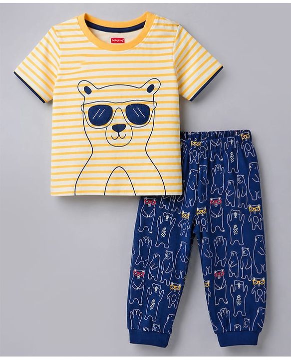 Babyhug Cotton Knit Half Sleeves Striped & Bear Printed T-Shirt & Pyjama Night Suit With Patch - Orange & Navy Blue