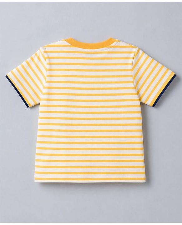 Babyhug Cotton Knit Half Sleeves Striped & Bear Printed T-Shirt & Pyjama Night Suit With Patch - Orange & Navy Blue