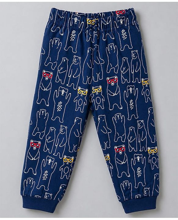Babyhug Cotton Knit Half Sleeves Striped & Bear Printed T-Shirt & Pyjama Night Suit With Patch - Orange & Navy Blue