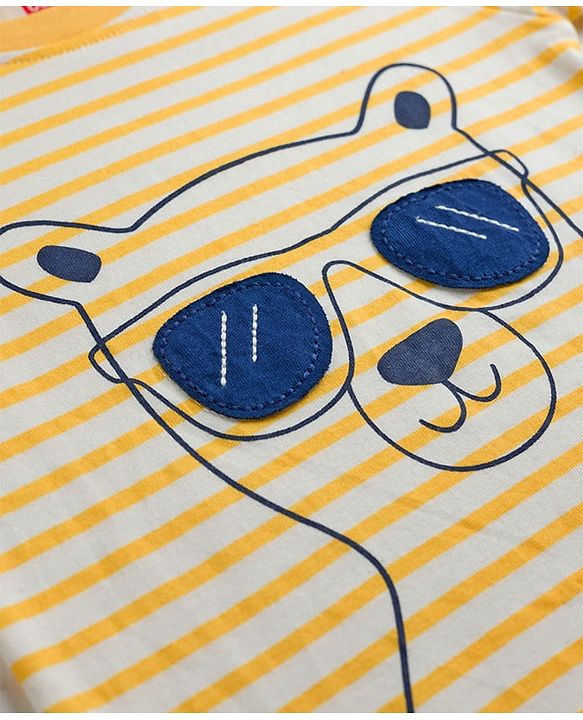 Babyhug Cotton Knit Half Sleeves Striped & Bear Printed T-Shirt & Pyjama Night Suit With Patch - Orange & Navy Blue