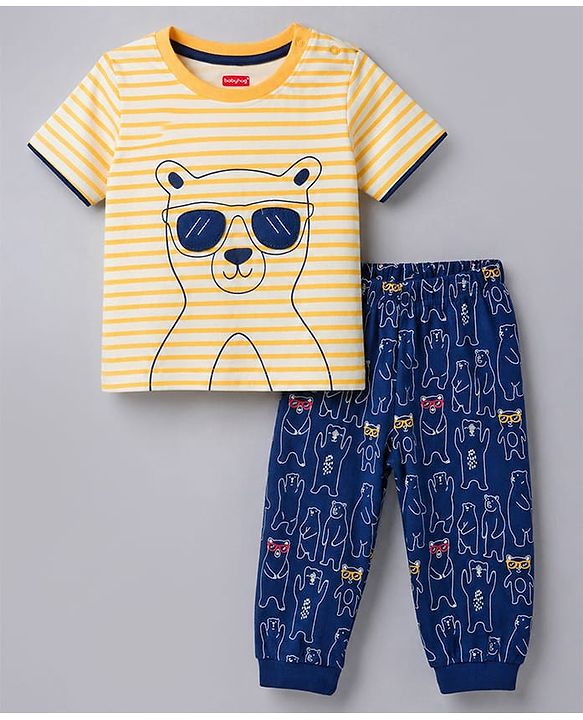Babyhug Cotton Knit Half Sleeves Striped & Bear Printed T-Shirt & Pyjama Night Suit With Patch - Orange & Navy Blue