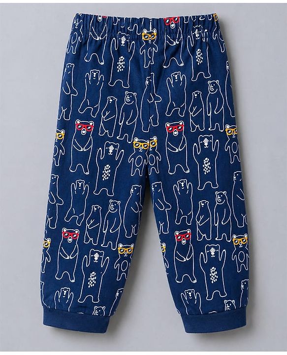 Babyhug Cotton Knit Half Sleeves Striped & Bear Printed T-Shirt & Pyjama Night Suit With Patch - Orange & Navy Blue