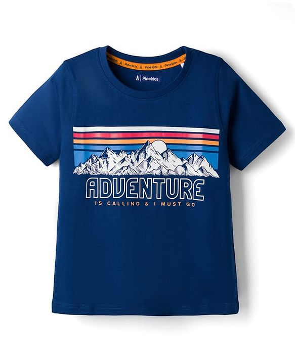 Pine Kids Cotton Knit Half Sleeves T-Shirt with Adventure Print - Navy Blue