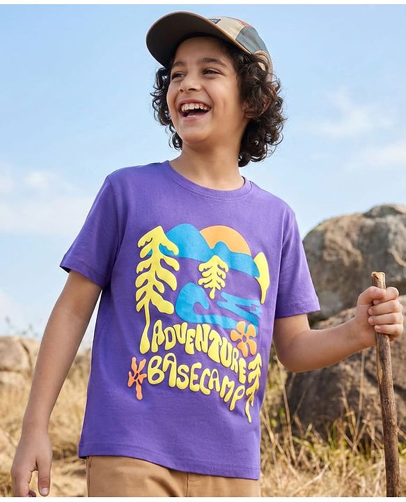 Pine Kids Cotton Knit Half Sleeves T-Shirt with Jungle Safari Theme Print - Purple