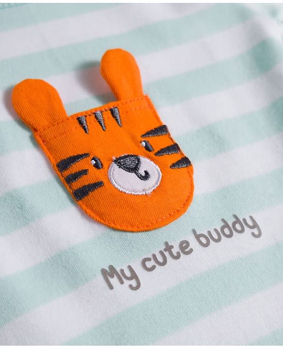 Babyhug 100% Cotton Knit Half Sleeves Striped Onesie with Tiger Patch - Multicolor