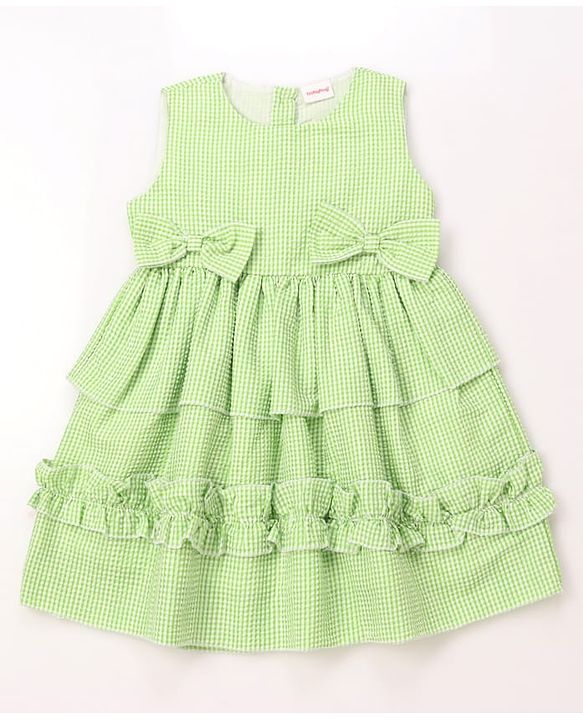 Babyhug Cotton Woven Sleeveless Checked Frock With Bow Applique - Light Green