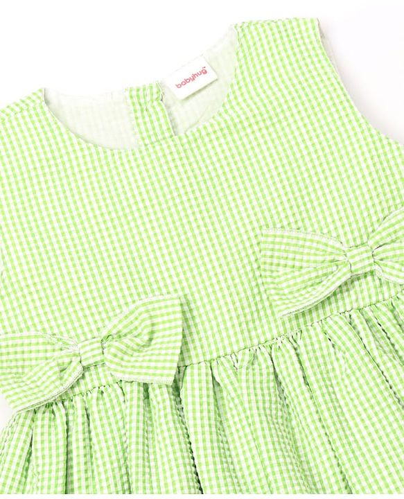Babyhug Cotton Woven Sleeveless Checked Frock With Bow Applique - Light Green