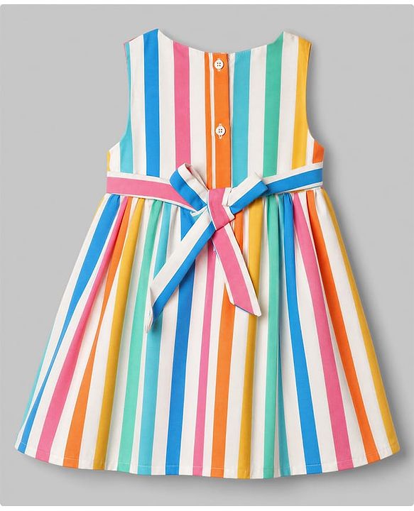 Babyhug Cotton Woven Sleeveless Striped Printed Dress With Bow Applique - White