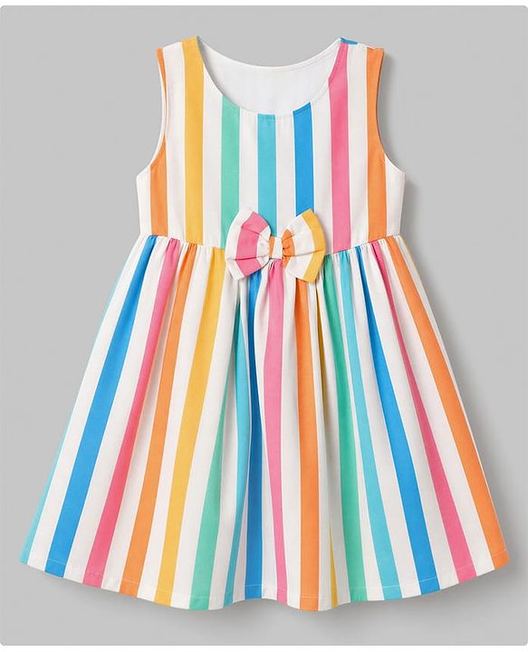 Babyhug Cotton Woven Sleeveless Striped Printed Dress With Bow Applique - White