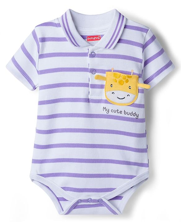 Babyhug 100% Cotton Knit Half Sleeves Striped Onesie with Giraffe Patch Detailing - Multicolor