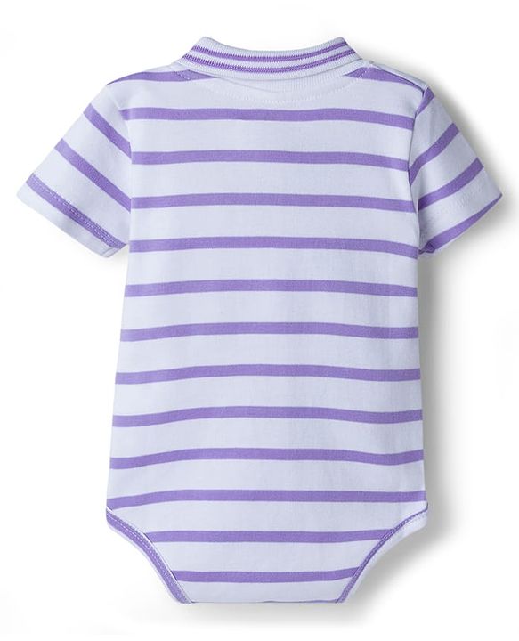 Babyhug 100% Cotton Knit Half Sleeves Striped Onesie with Giraffe Patch Detailing - Multicolor