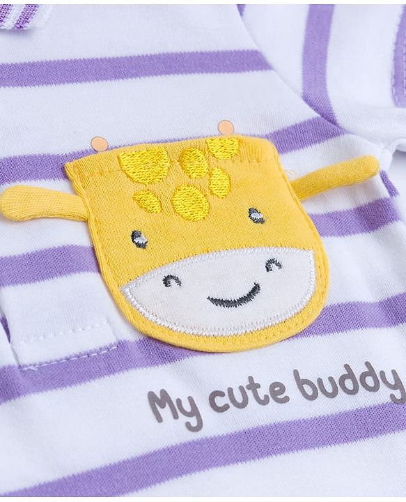 Babyhug 100% Cotton Knit Half Sleeves Striped Onesie with Giraffe Patch Detailing - Multicolor