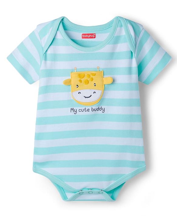 Babyhug 100% Cotton Knit Half Sleeves Striped Onesie with Giraffe Patch Detailing - Multicolor