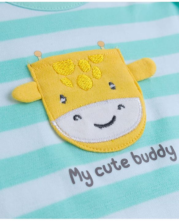 Babyhug 100% Cotton Knit Half Sleeves Striped Onesie with Giraffe Patch Detailing - Multicolor