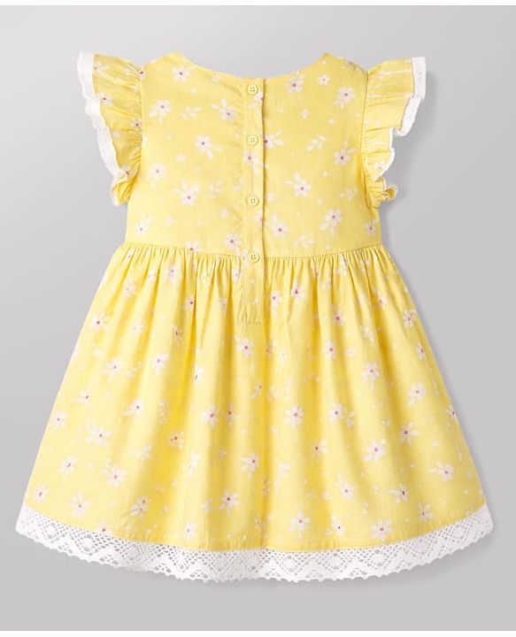 Babyhug 100% Cotton Woven Half Frill Sleeves Floral Printed Frock With Bow Applique & Lace Detailing - Yellow