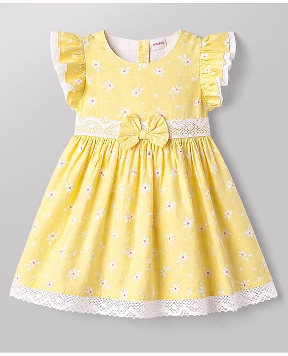 Babyhug 100% Cotton Woven Half Frill Sleeves Floral Printed Frock With Bow Applique & Lace Detailing - Yellow