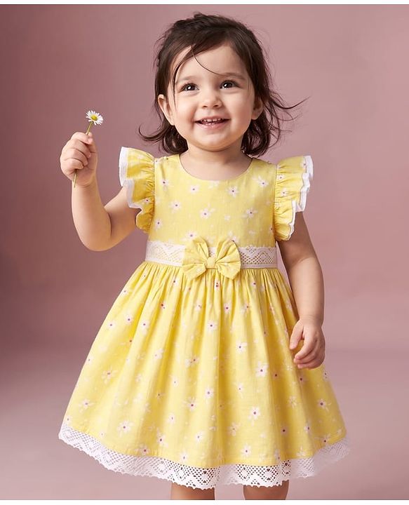Babyhug 100% Cotton Woven Half Frill Sleeves Floral Printed Frock With Bow Applique & Lace Detailing - Yellow