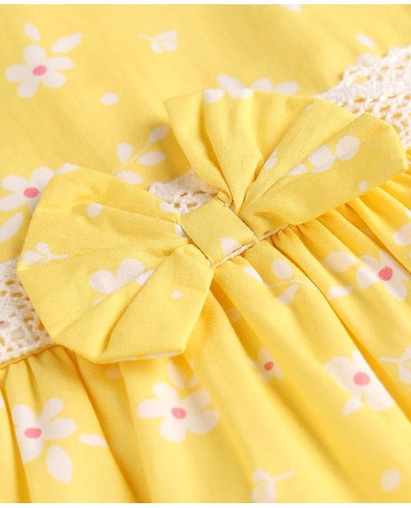 Babyhug 100% Cotton Woven Half Frill Sleeves Floral Printed Frock With Bow Applique & Lace Detailing - Yellow