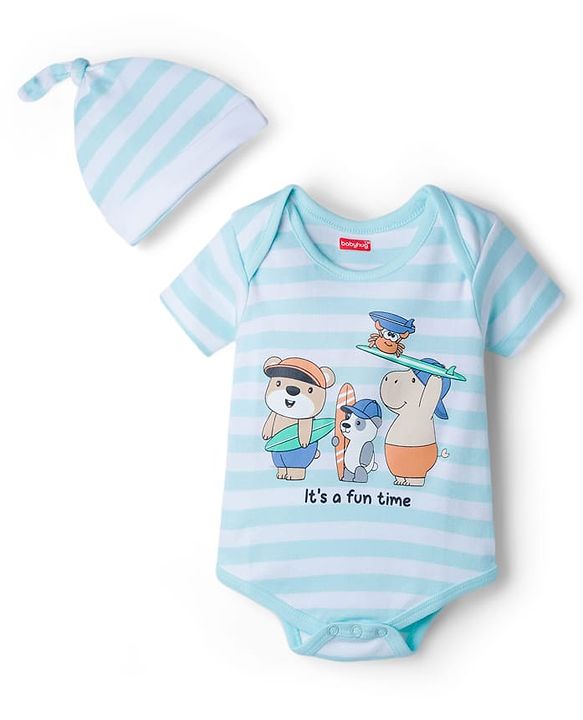 Babyhug 100% Cotton Knit Half Sleeves Striped Onesie with Cap & Animal Print - Multicolor