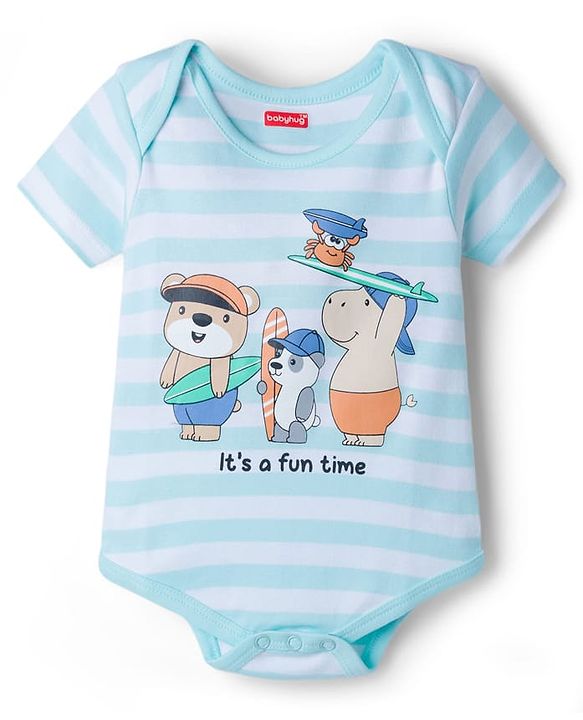 Babyhug 100% Cotton Knit Half Sleeves Striped Onesie with Cap & Animal Print - Multicolor