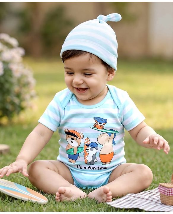 Babyhug 100% Cotton Knit Half Sleeves Striped Onesie with Cap & Animal Print - Multicolor