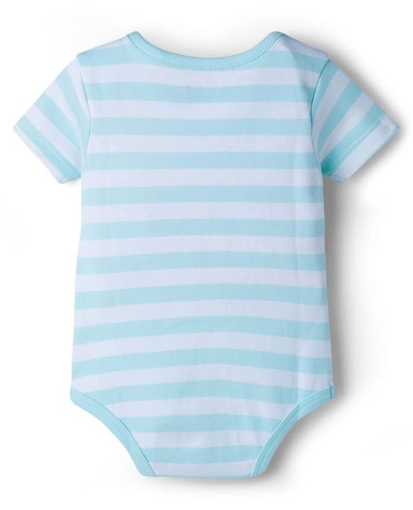 Babyhug 100% Cotton Knit Half Sleeves Striped Onesie with Cap & Animal Print - Multicolor