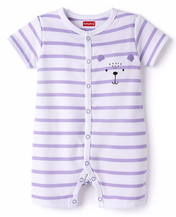 Babyhug 100% Cotton Interlock Knit Half Sleeves Striped Romper With Bear Print - Multicolor