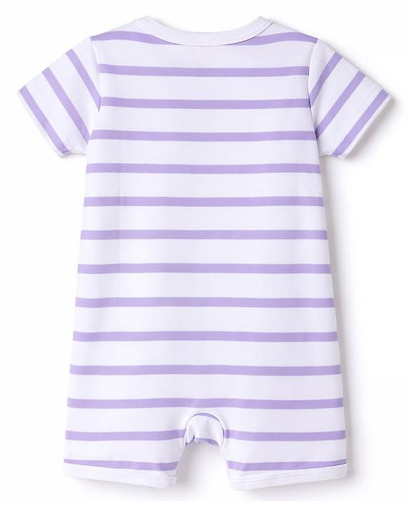 Babyhug 100% Cotton Interlock Knit Half Sleeves Striped Romper With Bear Print - Multicolor