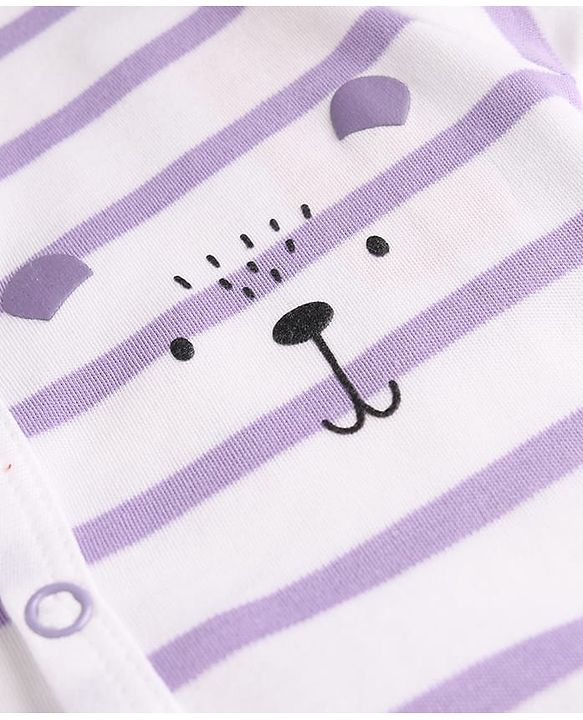 Babyhug 100% Cotton Interlock Knit Half Sleeves Striped Romper With Bear Print - Multicolor