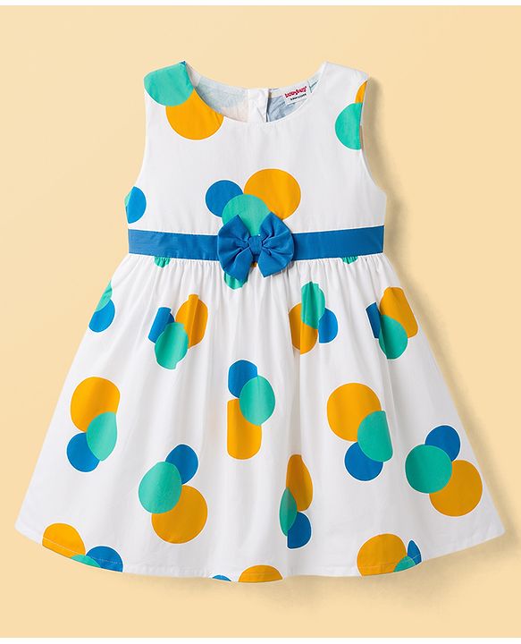 Babyhug Woven Sleeveless Frock with Polka Dot Print & Bow Applique - Multicolor
