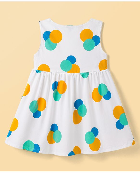 Babyhug Woven Sleeveless Frock with Polka Dot Print & Bow Applique - Multicolor