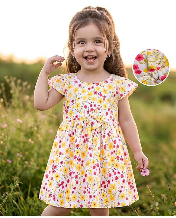 Babyhug Rayon Woven Half Sleeves  Floral Printed Frock with Bow Applique- Yellow
