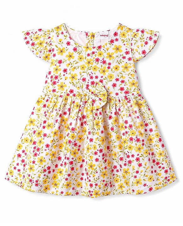 Babyhug Rayon Woven Half Sleeves  Floral Printed Frock with Bow Applique- Yellow