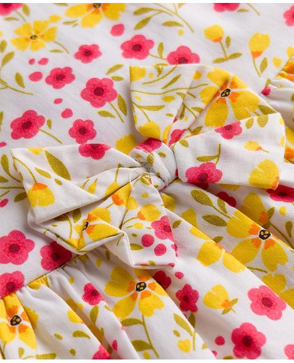 Babyhug Rayon Woven Half Sleeves  Floral Printed Frock with Bow Applique- Yellow