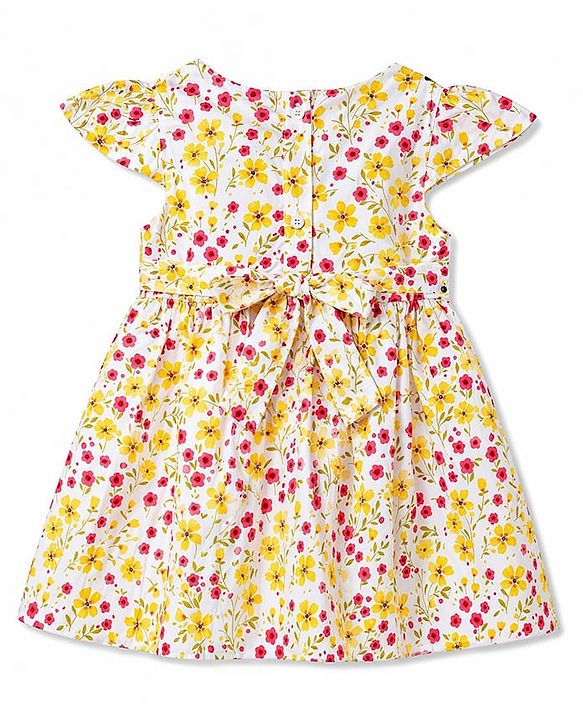 Babyhug Rayon Woven Half Sleeves  Floral Printed Frock with Bow Applique- Yellow