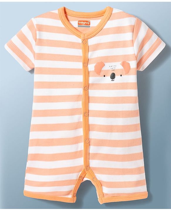 Babyhug 100% Cotton Knit Half Sleeves Striped Koala Printed Romper - Multicolor