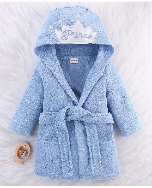 Babyhug Knit Terry Microfiber Unisex Bath Robe With Hood & Prince Embroidery - Blue