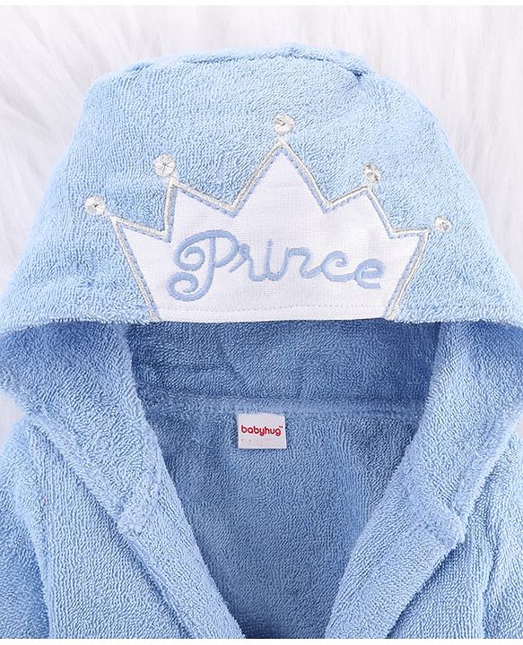 Babyhug Knit Terry Microfiber Unisex Bath Robe With Hood & Prince Embroidery - Blue