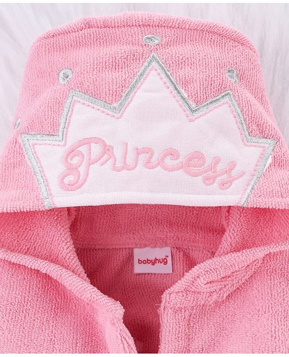 Babyhug Microfiber Knit Full Sleeves Princess   Embroidered Terry Hooded Bath Robe - Pink