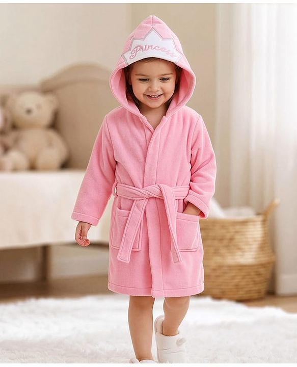 Babyhug Microfiber Knit Full Sleeves Princess   Embroidered Terry Hooded Bath Robe - Pink