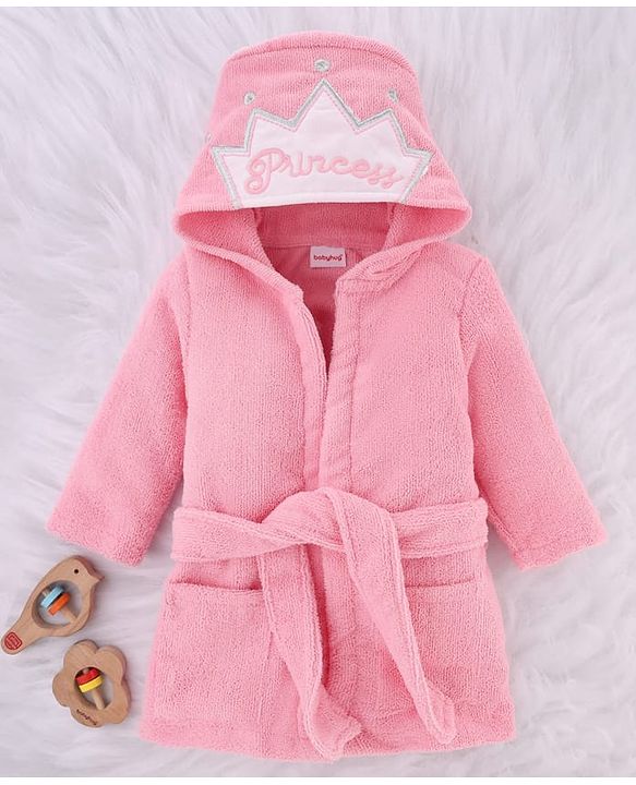 Babyhug Microfiber Knit Full Sleeves Princess   Embroidered Terry Hooded Bath Robe - Pink