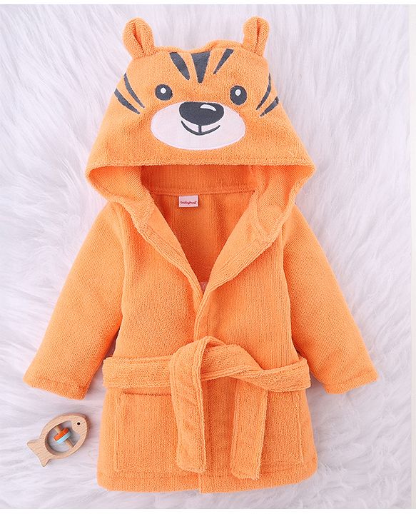 Babyhug Knit Microfiber Tiger Print Unisex Terry Bath Robe With Hood & Embroidery - Orange