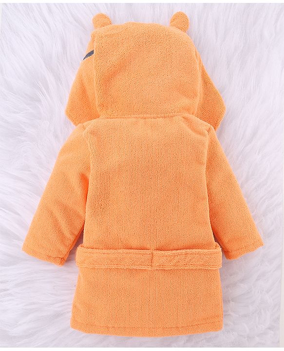 Babyhug Knit Microfiber Tiger Print Unisex Terry Bath Robe With Hood & Embroidery - Orange